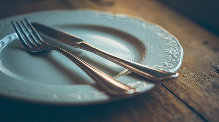 Elegant White Porcelain Plate with Silverware on Rustic Wooden Surface