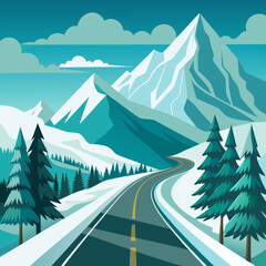 Scenic winter mountain road illustration with snowy landscape, pine trees, and winding highway in modern flat vector art style