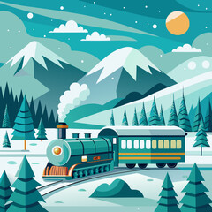 Scenic winter train illustration with steam locomotive traveling through snowy pine forest and mountain landscape under moonlit sky