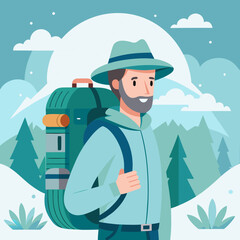 Cartoon bearded man with backpack and hat hiking through mountain forest, flat vector illustration of outdoor adventure and nature travel