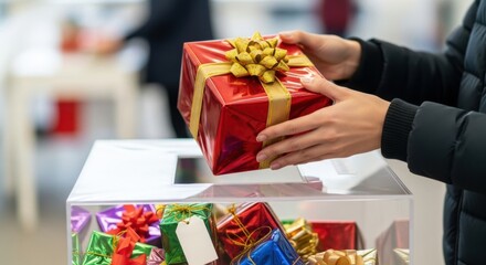 Person collecting red gift box with gold bow from donation bin at holiday event