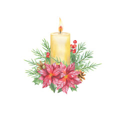 The composition with a candle decorated with fir branches, berries and cones
