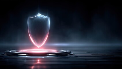 Futuristic Neon Digital Shield Icon Glowing With Red And Blue Lights Floating Above A Tech Platform With Dark Moody Lighting And Reflective Surface