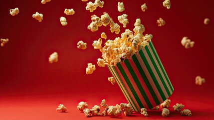 Popcorn in Striped Container Falling Against Red Background