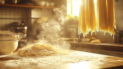 Fresh pasta drying in a warm kitchen, steam rising from cooked noodles