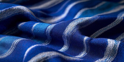 Blue Fabric with Silver Stripes Textured Material Close-up