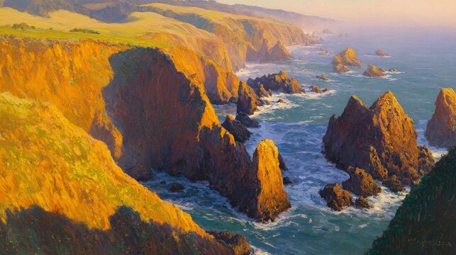 Classic oil painting of dramatic coastal cliffs and crashing waves illuminated by golden sunlight, showcasing textured brushstrokes, atmospheric seascape, and timeless fine art landscape composition.