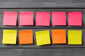 Fototapeta premium Colorful sticky notes arranged artistically on a rustic wooden surface creating a dynamic visual engagement perfect for brainstorming creativity or office organization techniques