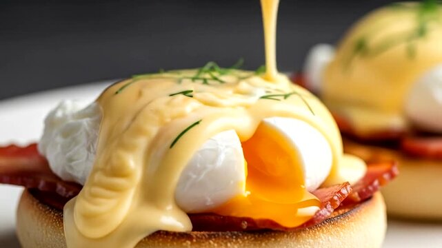 Delicious eggs benedict with creamy hollandaise sauce on toasted muffin