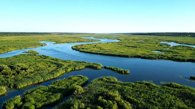 Graceful aerial drone shot glides over a winding river delta and its expansive wetland ecosystem under a clear sky habitat, sunshine, rivers