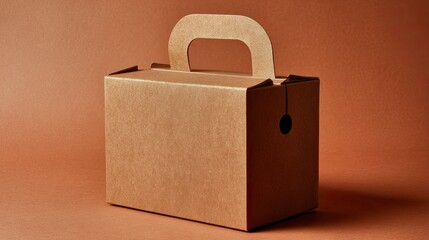Plain Brown Cardboard Takeout Food Box with Handle on Warm Background