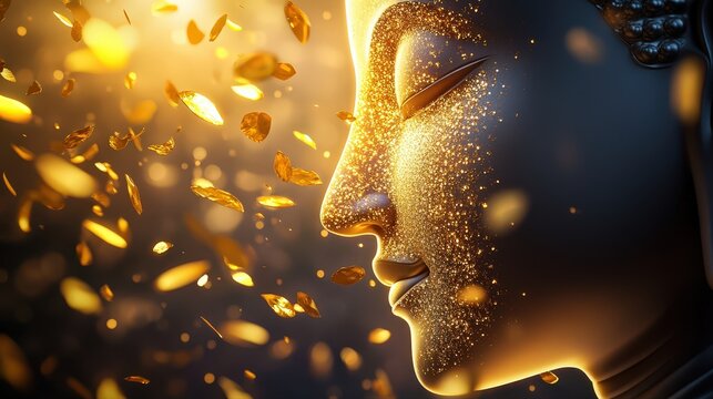 Ultra-realistic 8K close-up of Buddhas meditative face covere