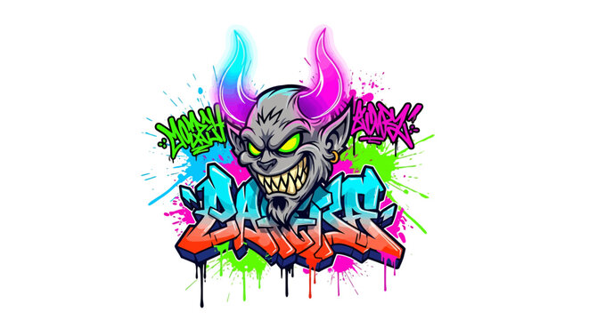 Vibrant graffiti art featuring a devilish character with glowing horns and a mischievous grin, perfect for edgy designs and urban-themed projects