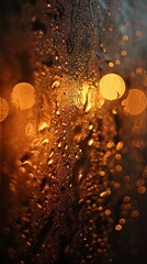 Rain on Glass Window with Warm City Lights in Night Scene
