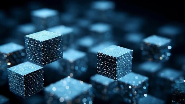Blue glowing cube blocks arranged in a grid, resembling a futuristic data matrix.