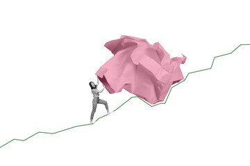 Artwork 3d trendy photo collage of determinate girl carry crumpled paper burden development career success promotion chance