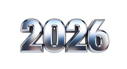 Metallic chrome numbers 2026 isolated on transparent background