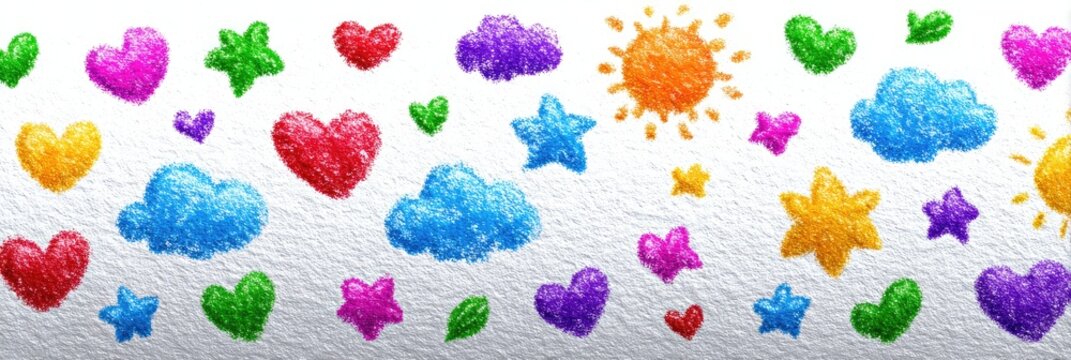 Glittering Shapes on White Background Featuring Hearts Stars Clouds and Sunbursts