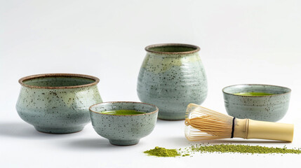 Handmade pottery matcha tea set, Japanese handmade pottery tea bowls, handmade pottery matcha whisk set &mdash; authentic handmade pottery matcha set for traditional tea ceremony and zen lifestyle decor