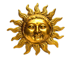 A gold-colored, sun-shaped face with rays, radiating joy and light on a black background