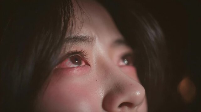 Close-up of red, teary eyes looking upward, cheeks flushed in the dark.