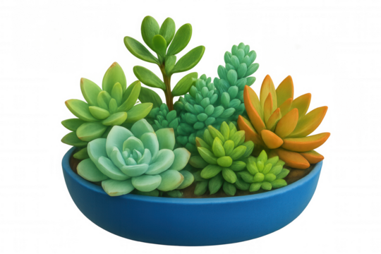 Succulent plants thriving in a vibrant arrangement within a blue bowl pot, showcasing diverse textures and colors. Transparent background - Powered by Adobe