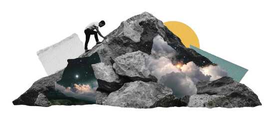 Traveler with Backpack Reaching the Top of Mountain in Creative Collage Isolated on Transparent Background, png