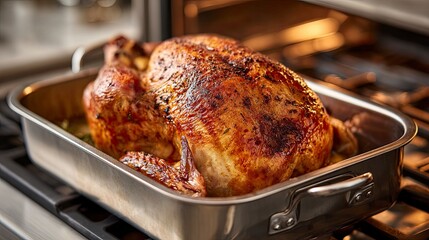 Roasted Whole Chicken in Metal Baking Pan on Oven Rack