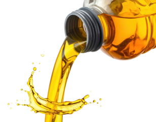 Oil pours from a bottle, splashing and forming a dynamic, liquid wave against black