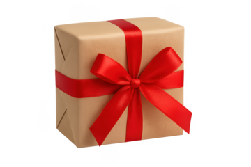 Gift box wrapped in brown paper with red ribbon