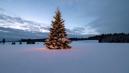 Lit Christmas Tree in Snowy Field at Twilight