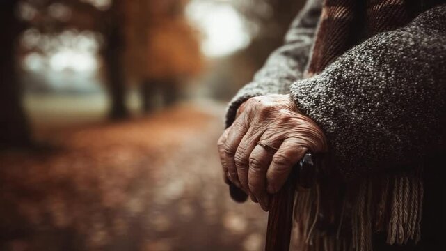 Close-up of an elderly person's hands gripping a wooden cane, bundled in a scarf and coat, in a leaf-strewn autumn park.