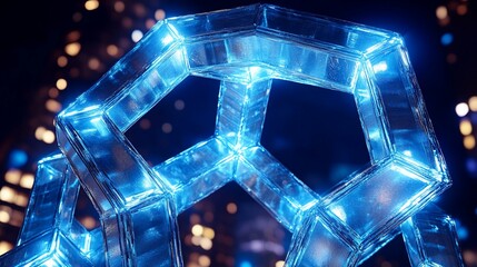 Glowing blue geometric structure at night