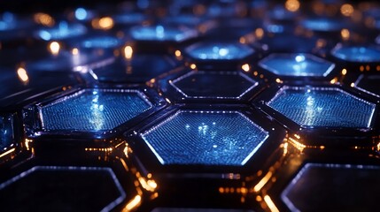 Glowing blue hexagons on dark background