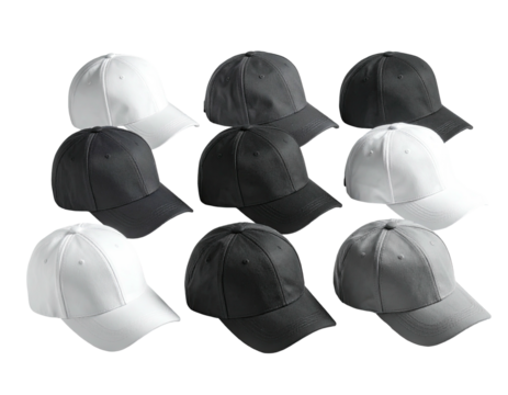 Nine plain baseball caps of varying colors, arranged casually against a dark background