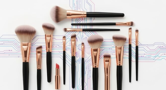 Futuristic beauty layout with makeup brushes and digital circuitry for modern design