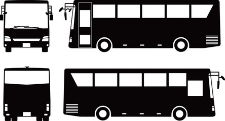 正面、後ろ、横から見た観光バスの白黒シルエット © ROKUDANDA