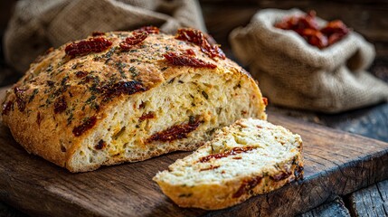 Fresh Sun-dried Tomato Focaccia Bread on Wooden Cutting Board