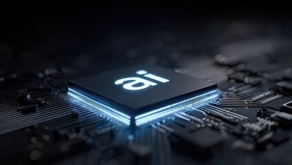 Glowing Blue AI Text Rests On A Black Computer Motherboard With Intricate Circuits And Detailed Components In A Dark Setting