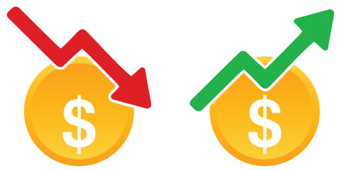 Financial Growth and Decline Icon Set – Dollar Coin Vector with Upward and Downward Arrows for Economy, Market, and Sales Trends