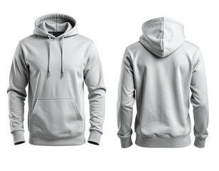 Front and back view of a plain light gray hooded sweatshirt