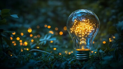 Glowing bulb sits in grass, illuminated by tiny lights within, soft focus