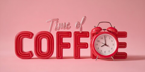 Red Neon Coffee Sign with Classic Red Alarm Clock on Light Pink Background