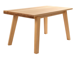 A simple, light-colored wooden table, with four angled legs, isolated on black