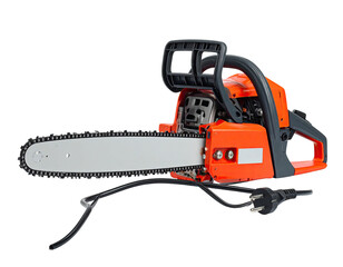 Fototapeta premium Bright orange and silver electric power tool with chain and cord, against a dark background