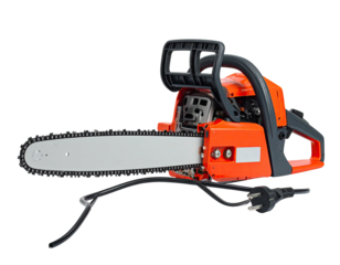 Bright orange and silver electric power tool with chain and cord, against a dark background