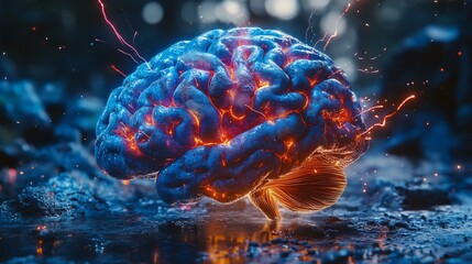 Glowing brain with electric sparks on ground
