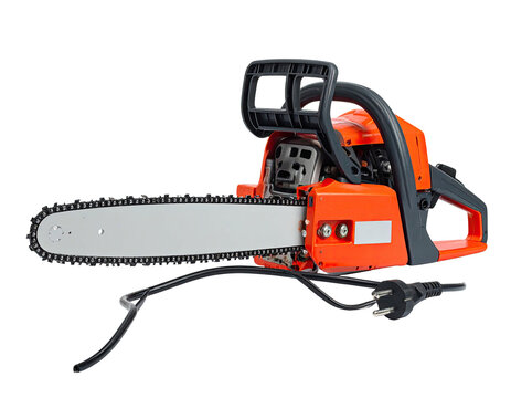 Bright orange and silver electric power tool with chain and cord, against a dark background