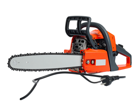 Bright orange and silver electric power tool with chain and cord, against a dark background