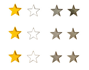 Fototapeta premium Nine diverse star-shaped icons in gold, silver, and pewter arranged on a dark background